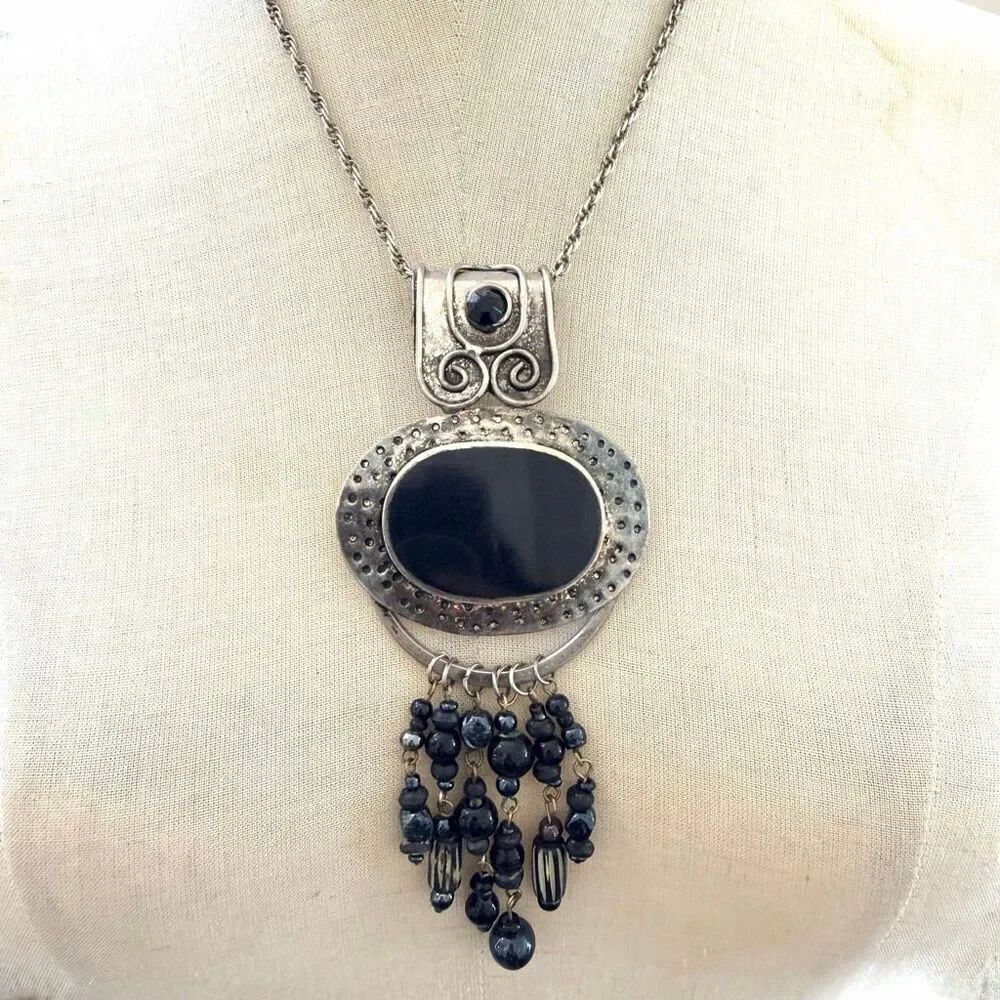 Boho Statement Pendant Necklace Black Stone Beaded Fringe Silver Tone